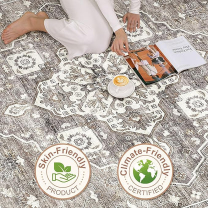 10x14 Area Rugs Living Room: Washable Boho Large Neutral Vintage Soft Rug Stain Resistant Farmhouse Non-Slip Indoor Rustic Floor Carpet for Bedroom Nursery Kids Playroom Office Dining Room- Dark Brown