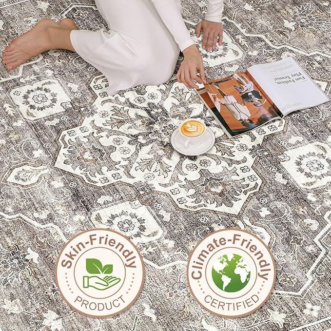 8x10 Area Rugs Living Room: Washable Boho Large Neutral Vintage Soft Rug Stain Resistant Farmhouse Non-Slip Indoor Rustic Floor Carpet for Bedroom Nursery Kids Playroom Office Dining Room- Dark Brown