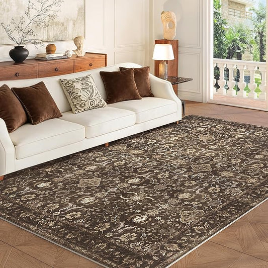 5X7 Area Rugs for Living Room, Soft Rugs Brown Washable Rug, Indoor Vintage Rugs for Bedroom Home Office Laundry, Rubber Backed Non Slip Low Pile Carpet, Dark Brown
