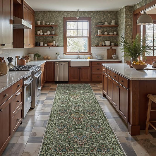 Bavni Floral Hallway Runner Rug 2'6" x 8', Washable Non Skid Boho Carpet for Entryway Kitchen Laundry Room, Soft Ultra Thin Botanical Long Runner for Indoor Floor Decor, Emerald Green