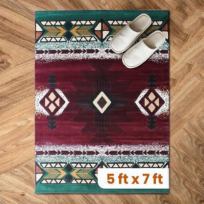 YHSF South West Native American Area Rug C318 - Easy Clean, Thick, Soft, Durable Native Tribal American Indian Inspired Rug for Bedroom/Living Room and More - Burgundy, 5 Feet x 7 Feet