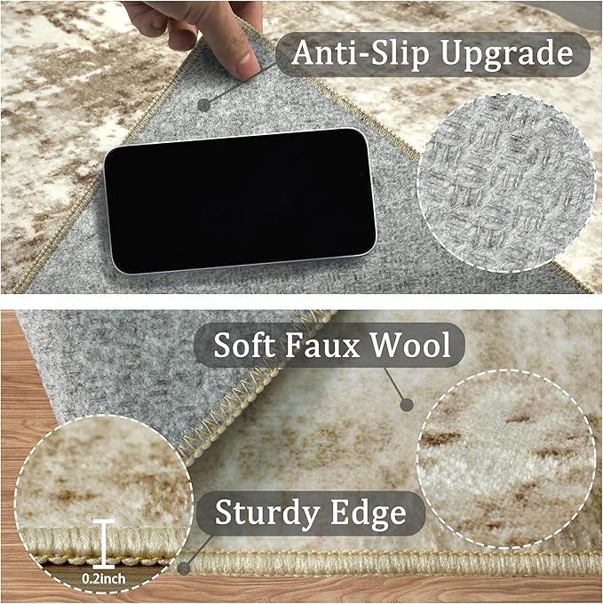 4x6 Machine Washable Area Rug for Living Room, Brown Modern Vintage Abstract Rug Large Non-Slip Low Pile Soft Faux Wool Carpet, Kids and Pets Friendly for Bedroom Dining Room Farmhouse Home Decor Rug