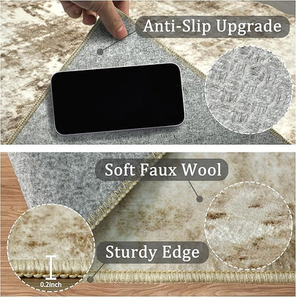 4x6 Machine Washable Area Rug for Living Room, Brown Modern Vintage Abstract Rug Large Non-Slip Low Pile Soft Faux Wool Carpet, Kids and Pets Friendly for Bedroom Dining Room Farmhouse Home Decor Rug