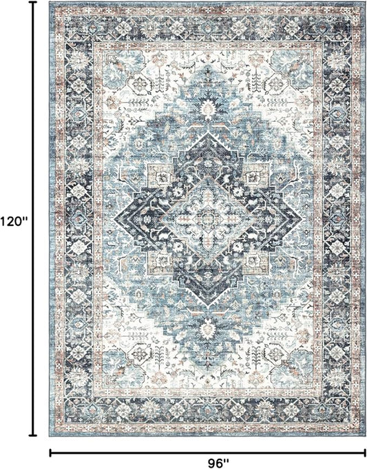 Area Rug 8×10, Large Vintage Boho Rug,Ultra-Soft Low Pile, Washable, Non Slip,Stain Resistant, Printed Carpet for Living Room Bedrooms Playroom Office Kitchen, Blue/Navy