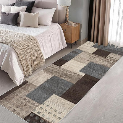Modern Geometric Patchwork Indoor Runner Rug for Living Room, Blue-Taupe 2.7'x 10' Rug Rockwood Collection Hardwood Floors Decor for Bedroom, Blue Throw Carpet for Office Entryway Dining Room