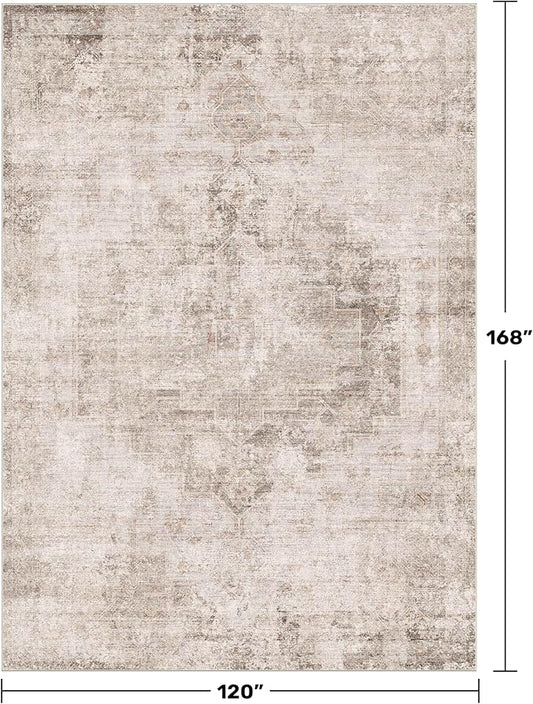 Neutral Living Room Rug - 10x14 Farmhouse Beige Brown Large Area Rug for Dining Room, Bedroom, Low Pile Lightweight Washable