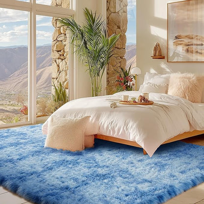 Andency 8x10 Area Rugs for Living Room, Non-Slip Fluffy Soft Large Shag Bedroom Carpet, Tie-Dyed Blue Big Indoor Thick Nursery Rug for Kids Dorm Home Decor Aesthetic