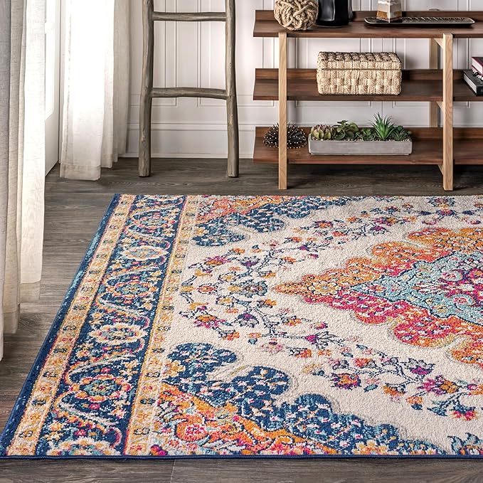 JONATHAN Y Boho Vintage Blue/Multi Indoor Area Rug, 9x12, Bohemian Flair Medallion, Floral Easy-Cleaning High Traffic for Living Room, Bedroom, Kitchen, Pet-Friendly, Non-Shedding (BMF106A-9)