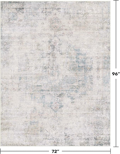 Light Blue Farmhouse Area Rug for Bedroom - 6x8 Washable Rug for Dining Room Table, Ultra-Thin Soft Textured Dusty Blue Boho Indoor Decor, Fade & Stain Resistant
