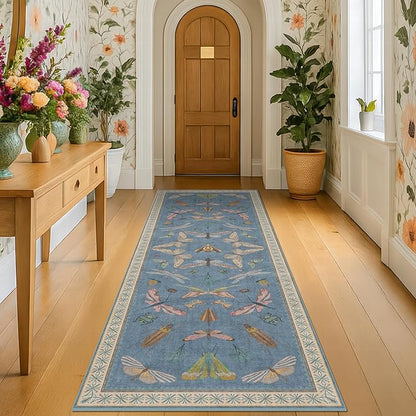 Boho Non Slip Kitchen Rug Runner - 2x5 Blue Washable Thin Rug for Bathroom, Laundry Room, Hallway, Non Slip with Rubber Backing, Insect Print Unique Runner