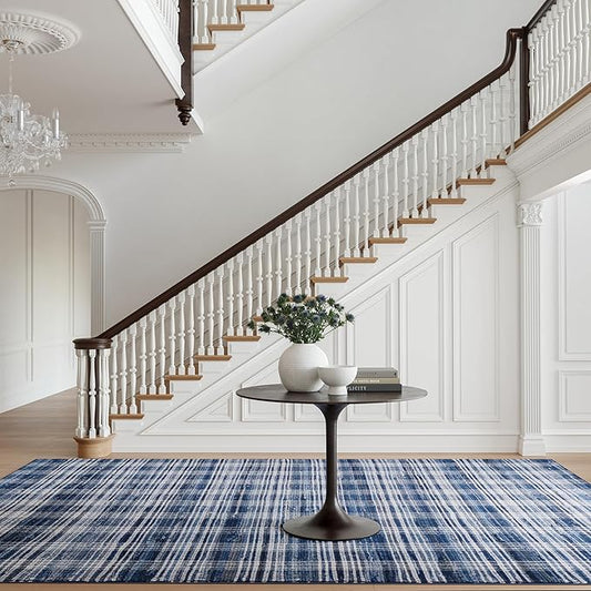 Dash & Albert Denim Plaid Blue Machine Washable Rug, 4 X 6 Feet, Blue/White Plaid Pattern