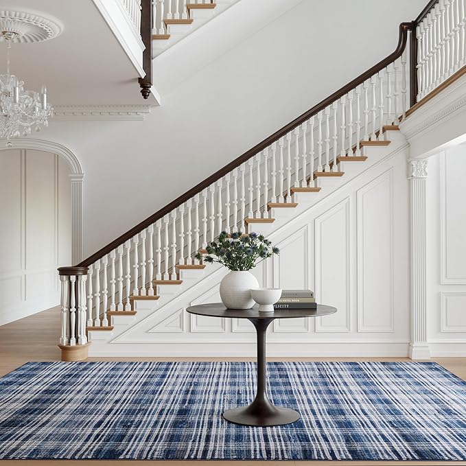 Dash & Albert Denim Plaid Blue Machine Washable Rug, 8.5 X 11.5 Feet, Blue/White Plaid Pattern