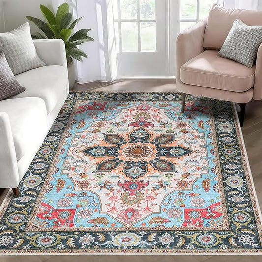 WILLSUN Washable Area Rugs, 3x5 Non-Slip Boho Large Area Rugs for Living Room, Bedroom, Machine Washable Vintage Rug, Indoor Floral Print Carpet for Home Decor, Kid & Pet Friendly Mat