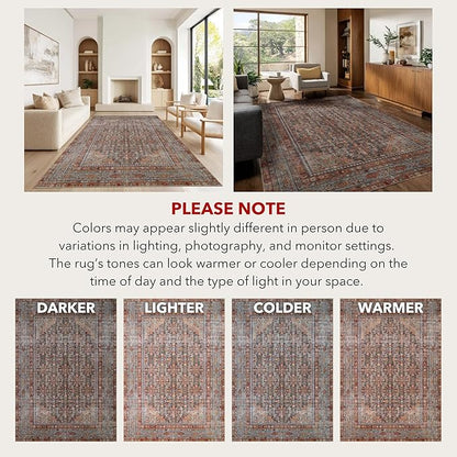 Kuden 8x10 Large Area Rug, Machine Washable Area Rug with Non-Slip Backing, Vintage Style, Soft, Easy Clean, Low Pile Rug for Living Room, Bedroom, Dining Room