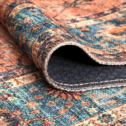 Bloom Rugs Washable Non-Slip 5' x 7' Rug - Orange/Teal Blue Traditional Bordered Area Rug for Living Room, Bedroom, Dining Room, and Kitchen - Exact Size: 5' x 7'
