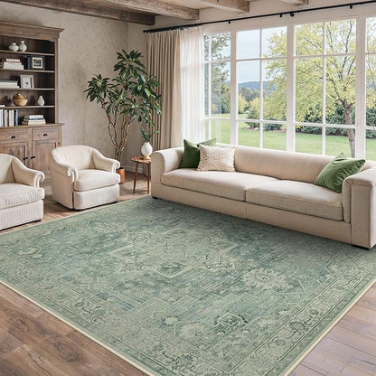 8x10 Area Rugs for Living Room, Machine Washable Non Slip Vintage Rugs, Low Pile Lightweigt Print Indoor Rug for Bedroom, Dining Room, Home Office, Green
