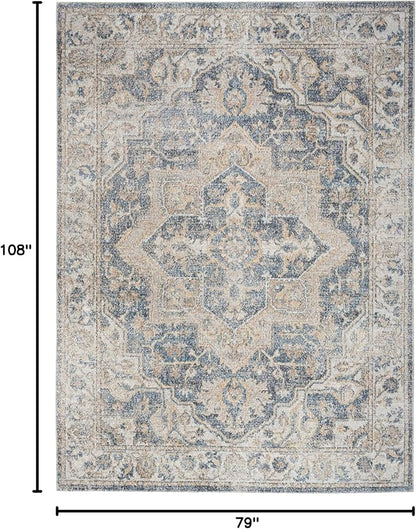 Nourison Home Astra Machine Washable Traditional Grey/Blue 6'7" x 9' Area Rug, Easy Clean, Non Shedding, Bed Room, Living Room, Dining Room, Kitchen (7x9)