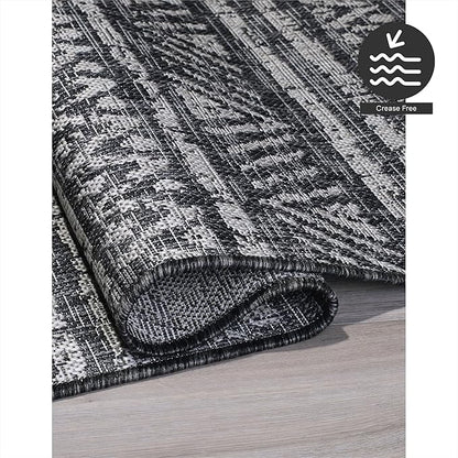 FH Home Flat Woven Outdoor Rug - Waterproof, Easy to Clean, Stain Resistant - Premium Polypropylene Yarn - Striped Boho - Patio, Porch, Deck, Balcony - Amman - Charcoal - 5ft 2in x 7ft 6in