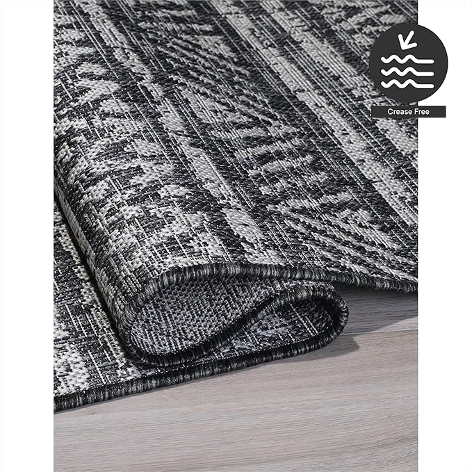 FH Home Flat Woven Outdoor Rug - Waterproof, Easy to Clean, Stain Resistant - Premium Polypropylene Yarn - Striped Boho - Large Patio, Deck, Sunroom - Amman - Charcoal - 7ft 10in x 10ft 9in