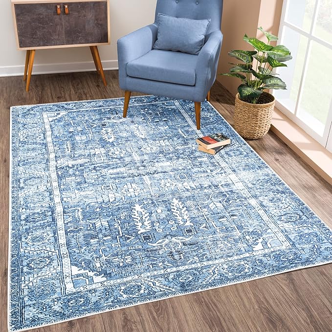 Bloom Rugs Washable Non-Slip 3' x 5' Rug - Blue Traditional Area Rug for Living Room, Bedroom, Dining Room, and Kitchen - Exact Size: 3' x 5'
