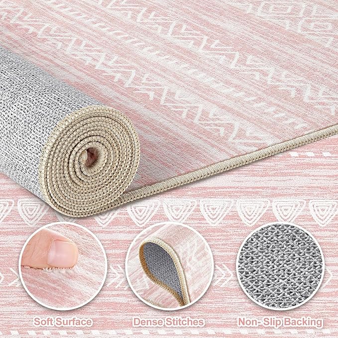 Nakagishi Runner Rug Kitchen Washable Rugs: 3x8 Non-Slip Boho Soft Modern Stain Resistant Indoor Floor Neutral Farmhouse Throw Carpet for Hallway Bathroom Laundry Room Entryway Bedroom- Pink