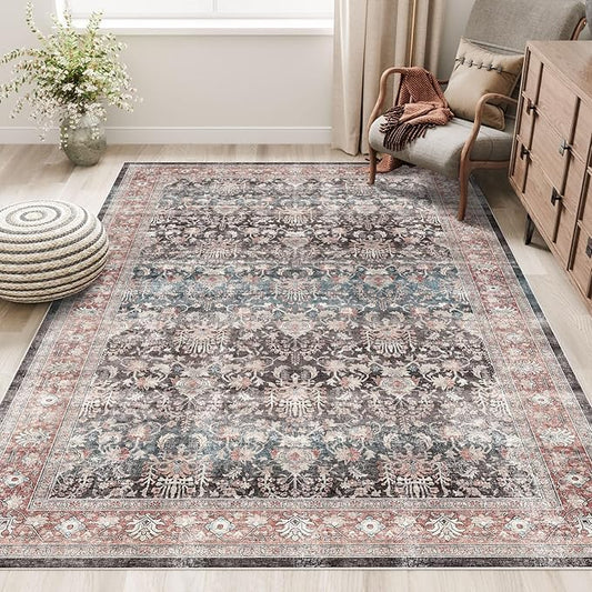 Dripex Vintage 5x7 Area Rugs - Large Washable Area Rug for Living Room Bedroom Oriental Medallion Floral Print Floor Carpet Low-Pile Indoor Soft Non-Slip Accent Rug Farmhouse Home Office Decor