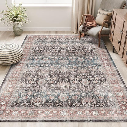 Dripex Vintage Washable Area Rug - 5x8 Distressed Rugs for Living Room Bedroom Oriental Medallion Floral Print Carpet Low-Pile Indoor Soft Non-Slip Accent Rug Farmhouse Office Home Decor