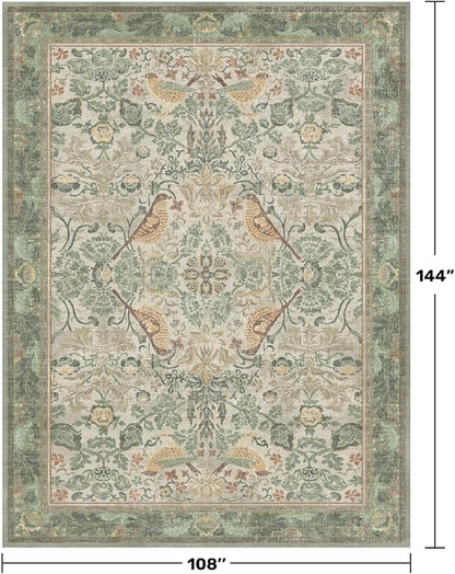 Boho Dining Room Rugs for Under Table 9x12 - Plant & Bird Patterned Rugs for Living Room, Bedroom Under Bed, Traditional Victorian Sage Green Décor, Washable Non Slip Folable Lightweight Carpet