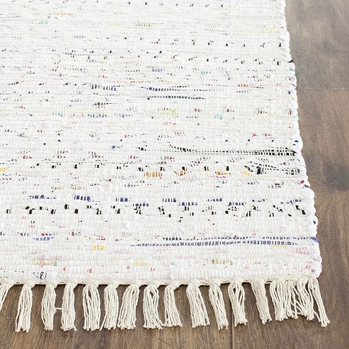 SAFAVIEH Rag Rug Collection Area Rug - 7' Square, Ivory & Multi, Handmade Boho Stripe Cotton, Ideal for High Traffic Areas in Living Room, Bedroom (RAR121G)
