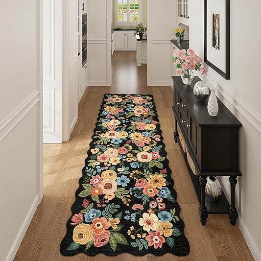DUKINO 2x10 Runner Rug for Hallway, Washable Kitchen Rug with Non Slip Backing & Non-Shediing, Soft Low Pile Floral Design Runner for Bedroom, Kithchen, Living Room, Laundry, Bathroom, Black