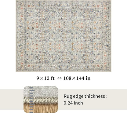 Washable Living Room Rug: 9x12 Boho Floral Soft Area Rug for Bedroom Decor - Vintage Low Pile Thin Carpet for Dining Room Non-Slip - Farmhouse Stain Resistant Rugs - Beige Blue