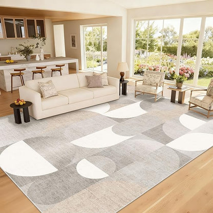 Large Grey Area Rugs 8x10 Washable Rug for Living Room Bedroom Dining Room,Modern Geometric Non Slip Beige Carpet