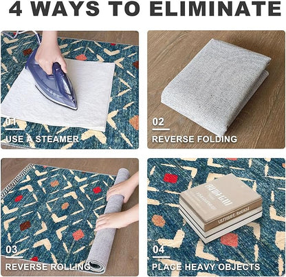 KILOCOCO Area Rug 3'x5' Rug for Entryway Washable Printed Bedroom Rugs Non Slip Boho Low-Pile Soft Rugs for Kitchen Dining Geometric Moroccan Carpet, Teal/Blue