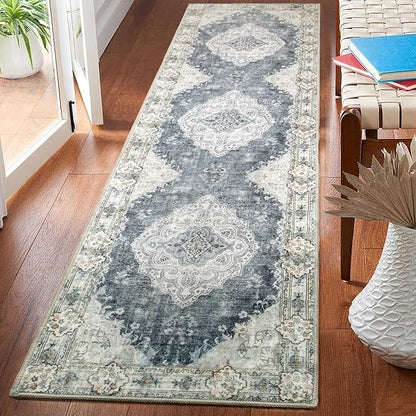 MUJOO Hallway Runner Rug 2'x8' Blue Grey Long Rug Runners Boho Machine Washable Non Slip Carpet for Entryway Kitchen Bathroom Bedside Retro Soft Low-Pile Blossom