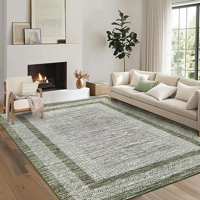 GarveeHome 10x13 Large Washable Geometric Area Rug Non Slip Non Shedding Floor Carpet, Modern Bordered Distressed Green Indoor Printed Rug for Living Room, Bedroom, Office