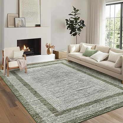 GarveeHome 10x13 Large Washable Geometric Area Rug Non Slip Non Shedding Floor Carpet, Modern Bordered Distressed Green Indoor Printed Rug for Living Room, Bedroom, Office