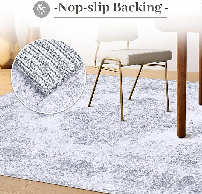 Area Rug 6x9 Living Room Rug, Machine Washable Vintage Distressed Medallion Rug Non-Slip Soft Low Pile Large Indoor Rugs for Bedroom Kitchen Dining Room Office(LightGrey,6'x9')