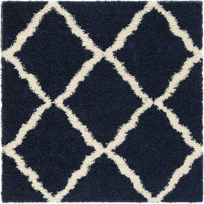 SAFAVIEH Dallas Shag Collection Area Rug - 4' Square, Navy & Ivory, Trellis Design, Non-Shedding & Easy Care, 1.5-inch Thick Ideal for High Traffic Areas in Living Room, Bedroom (SGD257N)