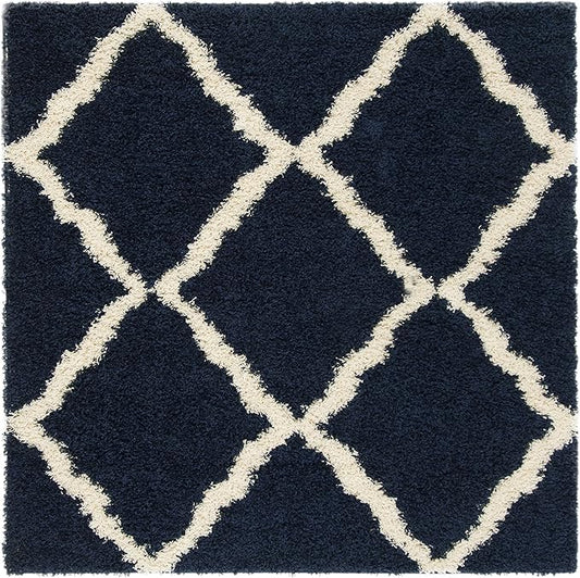SAFAVIEH Dallas Shag Collection Area Rug - 4' Square, Navy & Ivory, Trellis Design, Non-Shedding & Easy Care, 1.5-inch Thick Ideal for High Traffic Areas in Living Room, Bedroom (SGD257N)