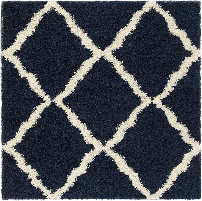 SAFAVIEH Dallas Shag Collection Area Rug - 6' Square, Navy & Ivory, Trellis Design, Non-Shedding & Easy Care, 1.5-inch Thick Ideal for High Traffic Areas in Living Room, Bedroom (SGD257N)