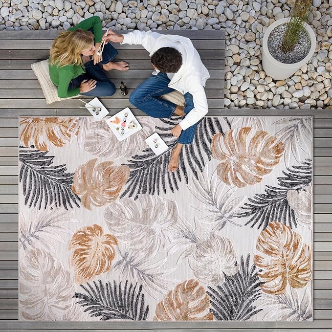 CAMILSON Indoor Outdoor Rug, Yellow 9’x12’ Leaf Tropical Botanical Area Rugs for Indoor and Outdoor patios, Easy-Cleaning Non-Shedding Living Room, Garden and Kitchen Washable Outside Carpet (9x12)