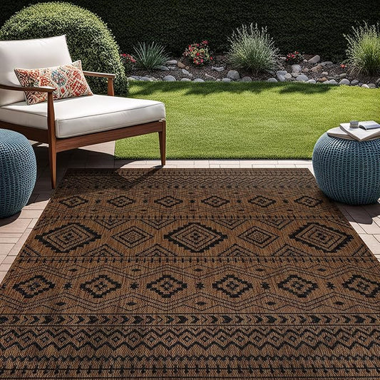 Beverly Rug Waikiki Boho Indoor Outdoor Rug 9x12, Washable Outside Carpet for Patio, Deck, Porch, Bohemian Area Rug, Farmhouse Rugs, Aztec Tribal Rug, Nut Brown and Black