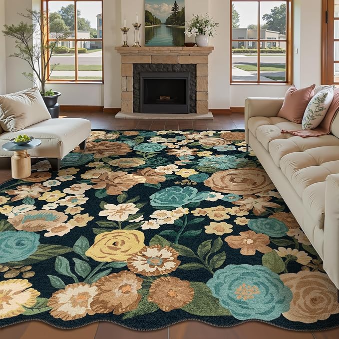 Washable Floral Area Rug 5x7 Black Living Room Carpet Scalloped Flower Non Slip Soft Bedroom Rug Farmhouse Low Pile Thin Indoor Floor Cover for Office Dining Room Kitchen Bathroom