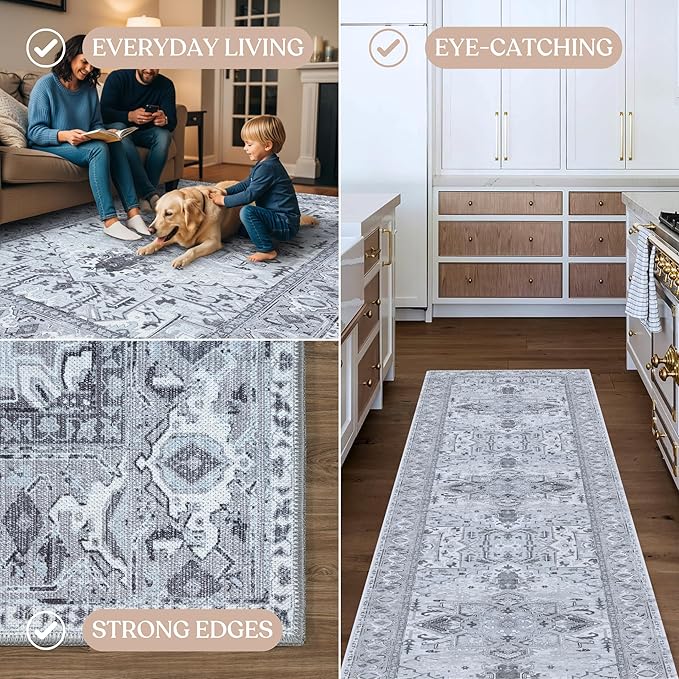 Washable Area Rug. Modern Farmhouse. Vintage. Turkish. Bohemian. Distressed. Oriental. Traditional. Rugs for Living Room. Dining. Bedroom. Office. Entryway. Foyer. (861GG, 2'5" x 13')