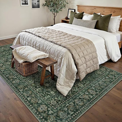 HUGEAR 5x7 Machine Washable Rugs Dark Green Hallway Area Rug Indoor Accent Rug Floral Low Pile Carpet Soft Throw Aesthetic Rug Bedroom Living Room Office Dining Room Kitchen Laundry Room Non Slip