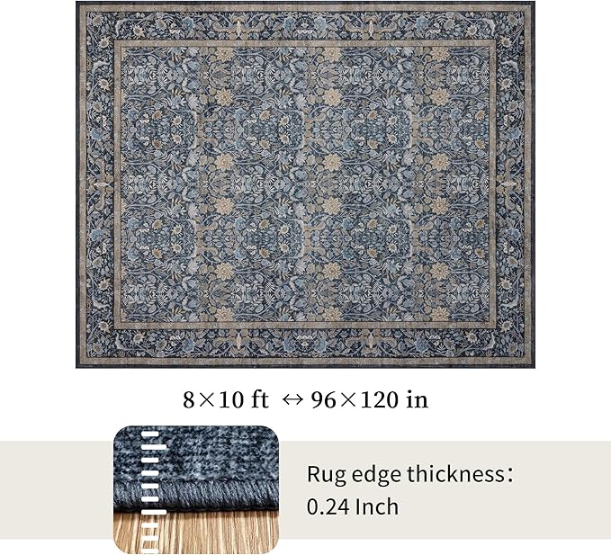 Washable Living Room Rug: 8x10 Boho Floral Soft Area Rug for Bedroom Decor - Vintage Low Pile Thin Carpet for Dining Room Non-Slip - Farmhouse Stain Resistant Rugs - Slate Blue