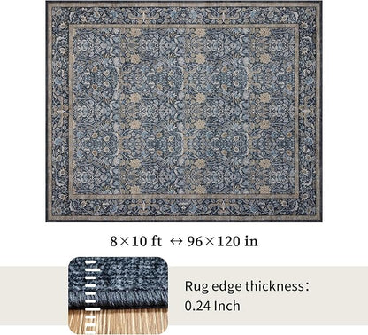 Washable Living Room Rug: 8x10 Boho Floral Soft Area Rug for Bedroom Decor - Vintage Low Pile Thin Carpet for Dining Room Non-Slip - Farmhouse Stain Resistant Rugs - Slate Blue