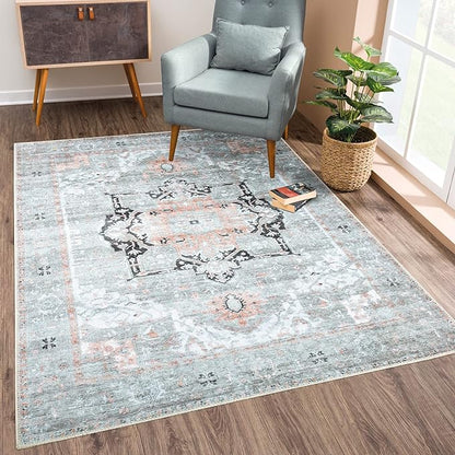 Bloom Rugs Washable Non-Slip 9' x 12' Rug - Gray/Coral Pink Traditional Area Rug for Living Room, Bedroom, Dining Room, and Kitchen - Exact Size: 9' x 12'