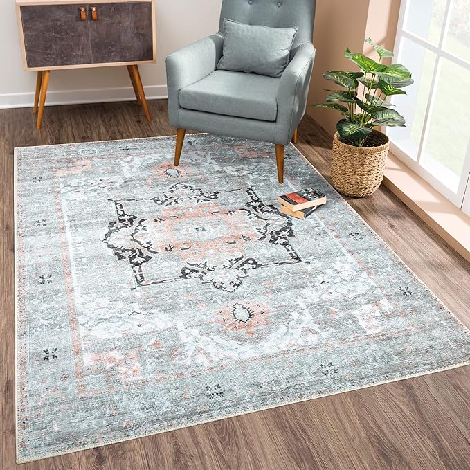 Bloom Rugs Washable Non-Slip 4' x 6' Rug - Gray/Coral Pink Traditional Area Rug for Living Room, Bedroom, Dining Room, and Kitchen - Exact Size: 4' x 6'