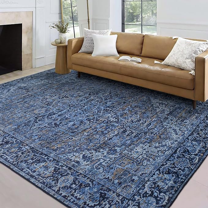 ReaLife Rugs Machine Washable Area Rug Runner - Living Room Bedroom Bathroom Kitchen Entryway Office - Padded Low Pile Stain Resistant Premium - Boho Vintage Traditional - Lyle - Blue 3' x 5'